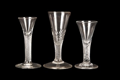 Lot 210 - TWO AIR TWIST CORDIAL GLASSES AND AN ALE GLASS,...