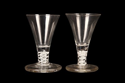 Lot 220 - TWO OPAQUE TWIST DRAM OR FIRING GLASSES, circa...