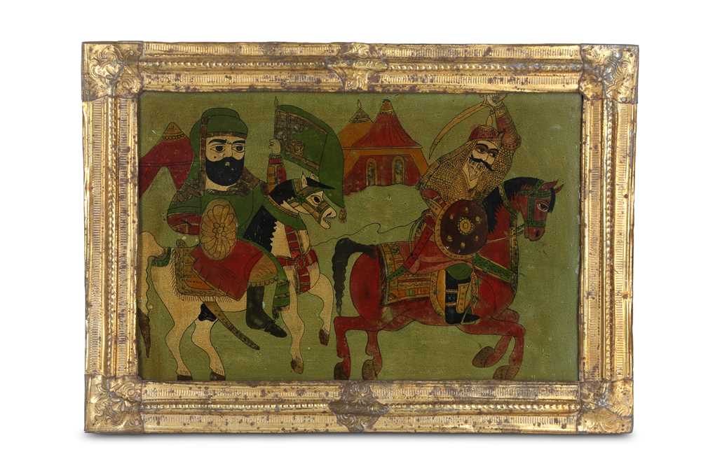 Lot 191 - A LARGE PAINTING ON GLASS OF HUSSEIN LEADING...