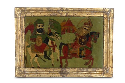 Lot 191 - A LARGE PAINTING ON GLASS OF HUSSEIN LEADING...