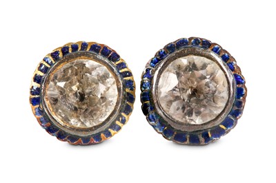 Lot 294 - A PAIR OF ENAMELLED WHITE SAPPHIRE EAR STUDS...