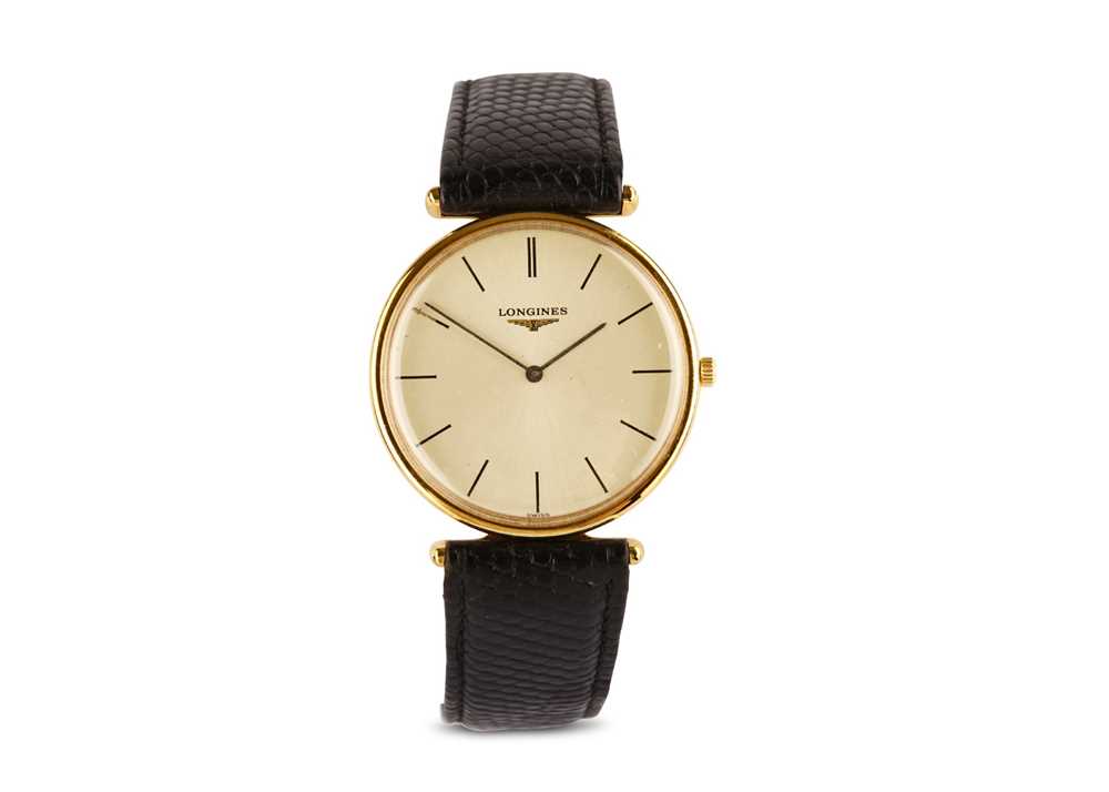 Lot 367 - LONGINES. A GOLD PLATED QUARTZ WRISTWATCH....