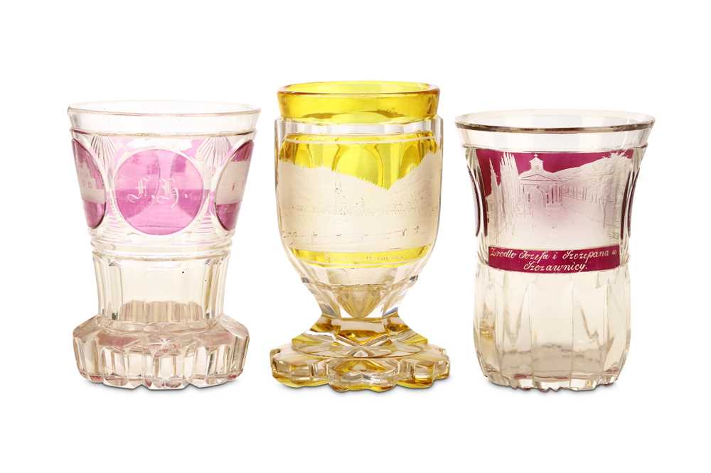 Lot 235 THREE BOHEMIAN ENGRAVED GLASS BEAKERS, late