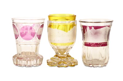 Lot 235 - THREE BOHEMIAN ENGRAVED GLASS BEAKERS, late...