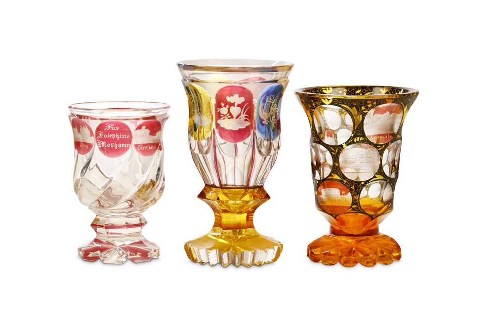 Lot 236 - THREE BOHEMIAN ENGRAVED GLASS BEAKERS, late...