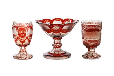 Lot 237 - A BOHEMIAN RUBY STAINED GLASS TAZZA AND TWO...