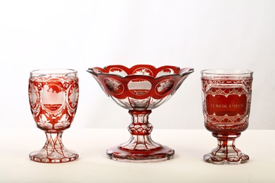 Lot 237 - A BOHEMIAN RUBY STAINED GLASS TAZZA AND TWO...