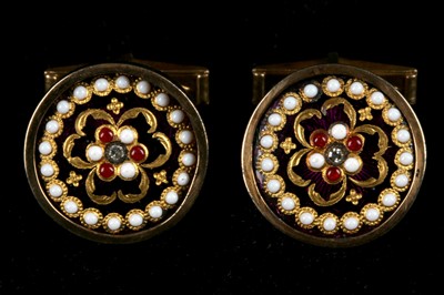 Lot 483 - A pair of 14k gold, enamel and diamond...