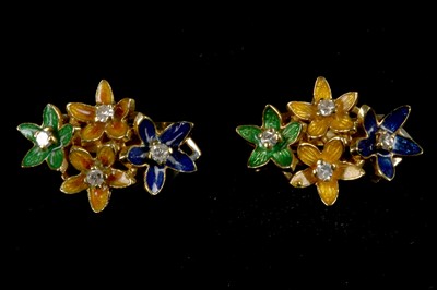 Lot 482 - A pair of 18ct gold, enamel and diamond floral...