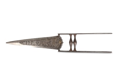 Lot 270 - A CARVED WATERED-STEEL PUSH-DAGGER (KATAR) ...