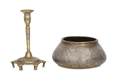 Lot 113 - A MAMLUK-REVIVAL BRASS BOWL AND CANDLESTICK...