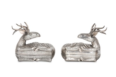 Lot 293 - A PAIR OF REPOUSSÉ DEER-SHAPED SILVER BOXES...