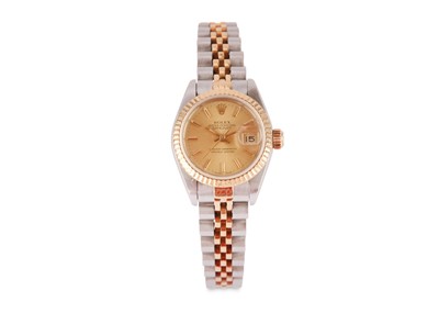 Lot 304 - ROLEX. A LADIES STAINLESS STEEL AND 18 K GOLD...