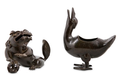 Lot 56 - A CHINESE BRONZE ‘LION’ INCENSE BURNER AND A...