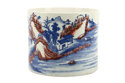 Lot 408 - A CHINESE BLUE AND WHITE WITH RED UNDER GLAZED BRUSH POT