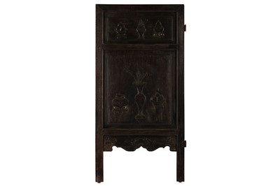Lot 420 - A CHINESE TWO-PANEL CARVED WOODEN SCREEN. Qing...