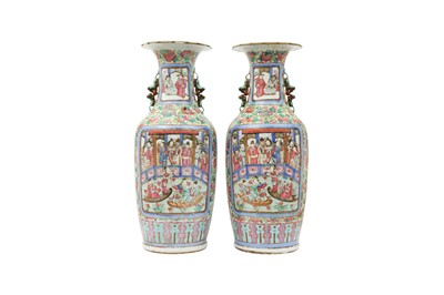 Lot 358 - A PAIR OF CHINESE FAMILLE ROSE FIGURATIVE VASES.