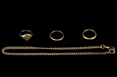 Lot 488 - Two yellow gold wedding bands, together with a...