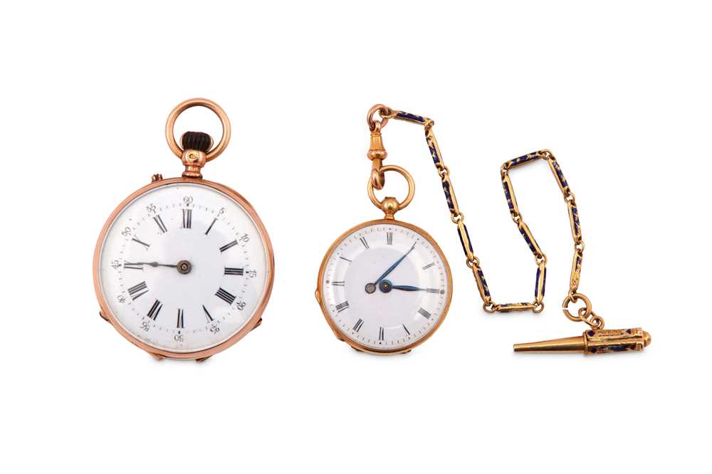 Lot 312 - TWO GOLD PLATED POCKET WATCHES. -White dial,...