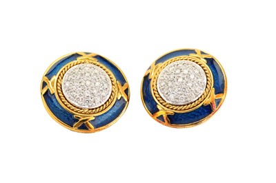 Lot 400 - A pair of blue enamel and diamond button...