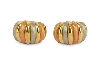 Lot 414 - A pair of tri-coloured earrings, of reeded...