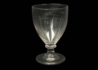 Lot 198 - A LARGE ENGRAVED GLASS RUMMER, dated 1835, the...