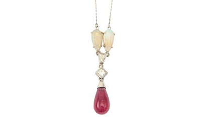 Lot 49 - An opal, diamond and pink tourmaline pendant...