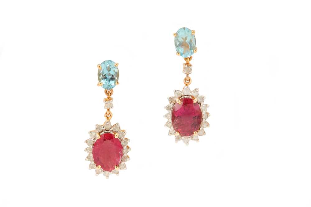 Lot 148 - A pair of pink tourmaline, aquamarine and diamond pendent earrings