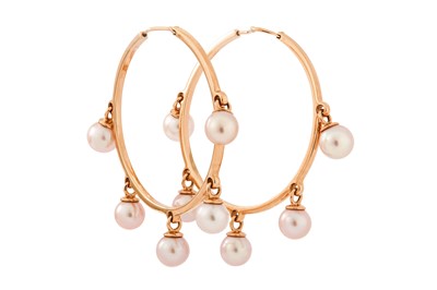 Lot 193 - A pair of cultured pearl hoop earrings, by...