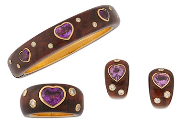 Lot 66 - A gem-set wooden bangle, ring and earclip...