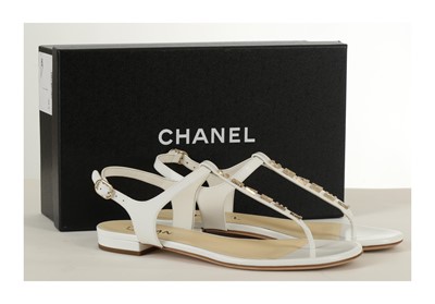 Lot 301 - Chanel White Patent Sandals, c. 2018, gilt and...