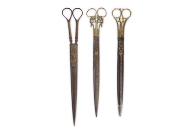 Lot 77 - THREE PAIRS OF GOLD-DAMASCENED STEEL...