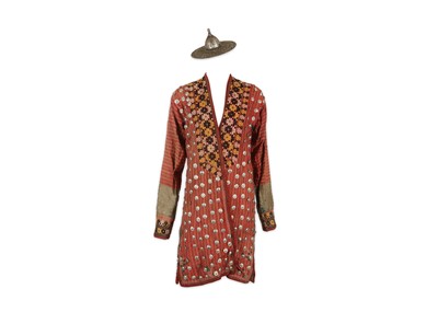 Lot 295 - A TURKMEN COAT AND THE TOP OF A CEREMONIAL...