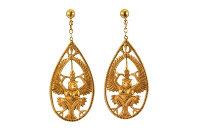 Lot 99 - A pair of pendent earrings Each openwork...