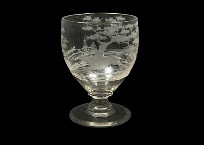 Lot 40 - A LARGE ENGRAVED GLASS HUNTING GOBLET, late...