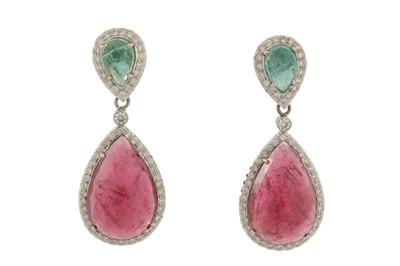 Lot 43 - A pair of emerald, tourmaline and diamond...