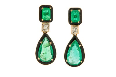 Lot 21 - A pair of emerald, diamond and enamel pendent...