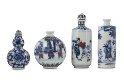Lot 354 - FOUR CHINESE BLUE AND WHITE SNUFF BOTTLES....