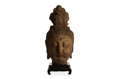 Lot 380 - A CHINESE POLYCHROMED WOOD HEAD OF A...