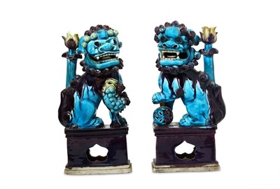 Lot 49 - A PAIR OF CHINESE BLUE AND AUBERGINE-GLAZED...