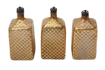 Lot 344 - THREE MUGHAL GILT MOLD-BLOWN GLASS BOTTLES...