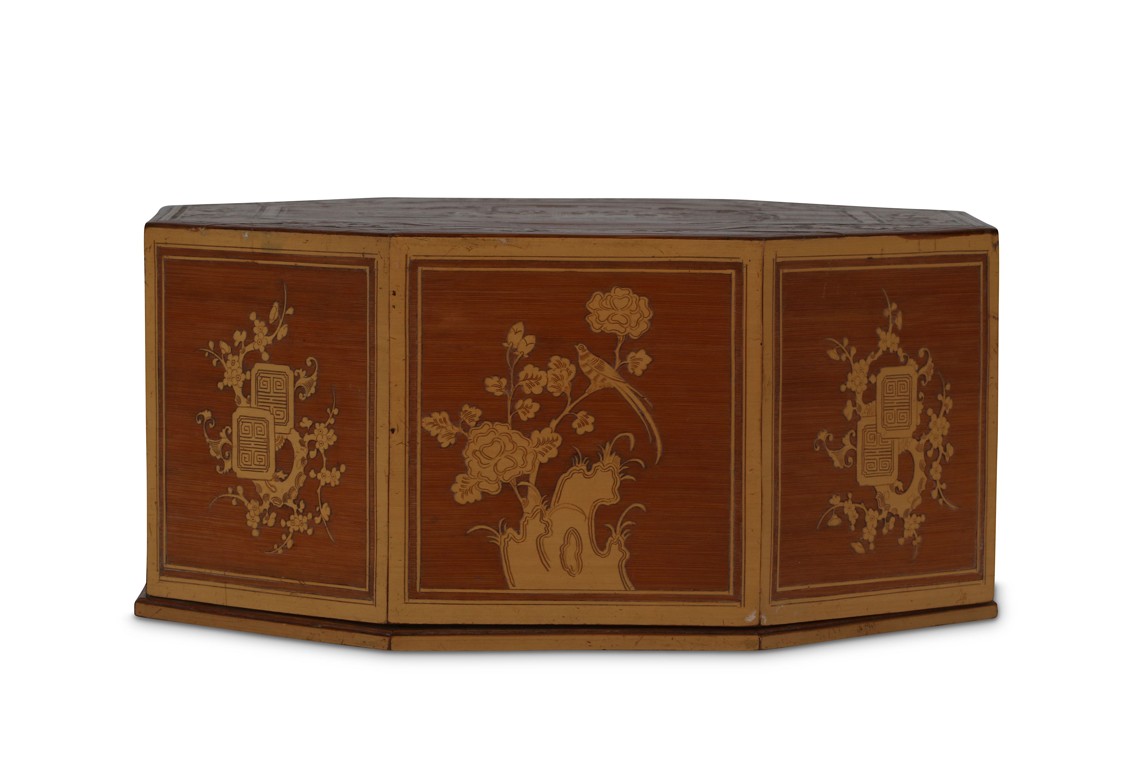 Lot 111 - A CHINESE OCTAGONAL BAMBOO-VENEER BOX. Late