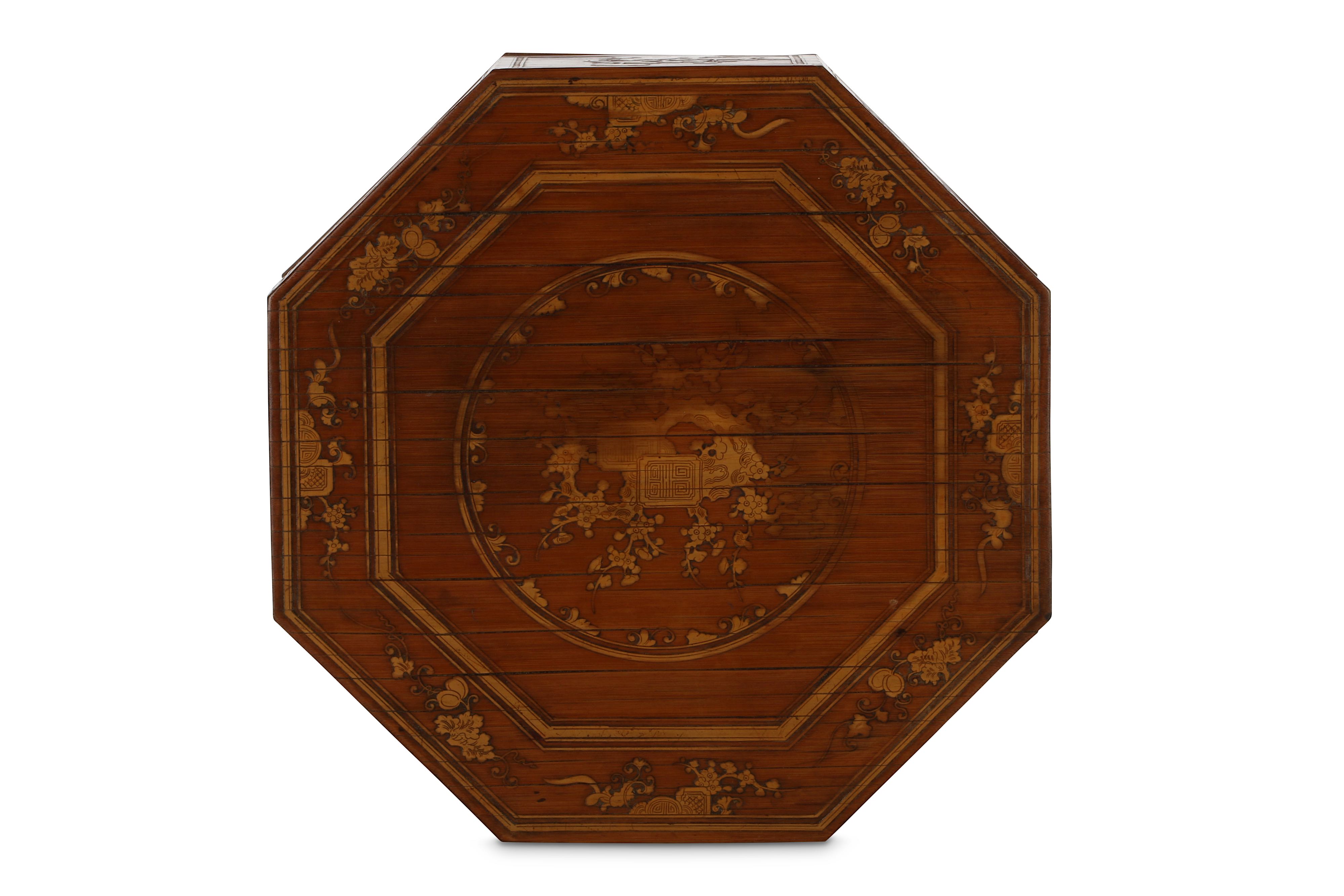 Lot 111 - A CHINESE OCTAGONAL BAMBOO-VENEER BOX. Late