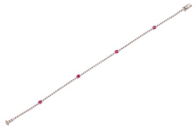 Lot 45 - A ruby and diamond line bracelet Composed of a...