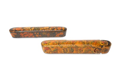 Lot 262 - TWO QAJAR LACQUERED PAPIER-MÂCHÉ PEN CASES...