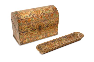 Lot 400 - A KASHMIRI LACQUERED POLYCHROME-PAINTED CASKET...