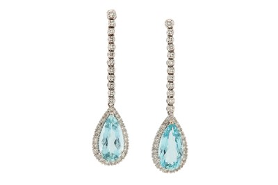 Lot 27 - A pair of aquamarine and diamond pendent...