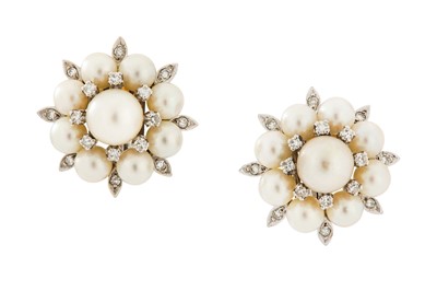 Lot 24 - A pair of cultured pearl and diamond earclips,...