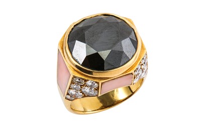 Lot 159 - A black diamond, diamond and coral dress ring...