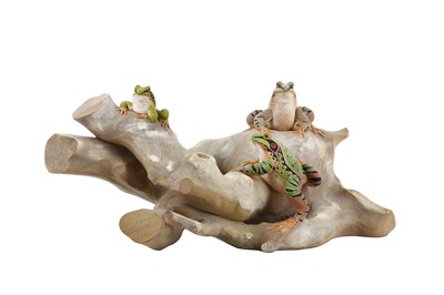 Lot 193 - A JAPANESE WOOD OKIMONO OF FROGS ON A TREE...